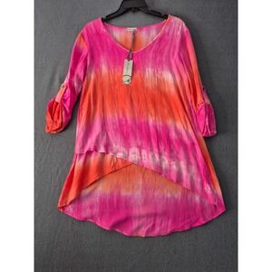 Mod-o-doc Womens S Tie Dye Tunic Top Pink Orange Roll Tab Sleeve High Low V-Neck